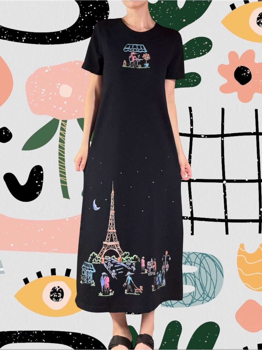 Cite | Vintage 90s Parisian Cityscape Print Terry Cloth Lined Midi Dress